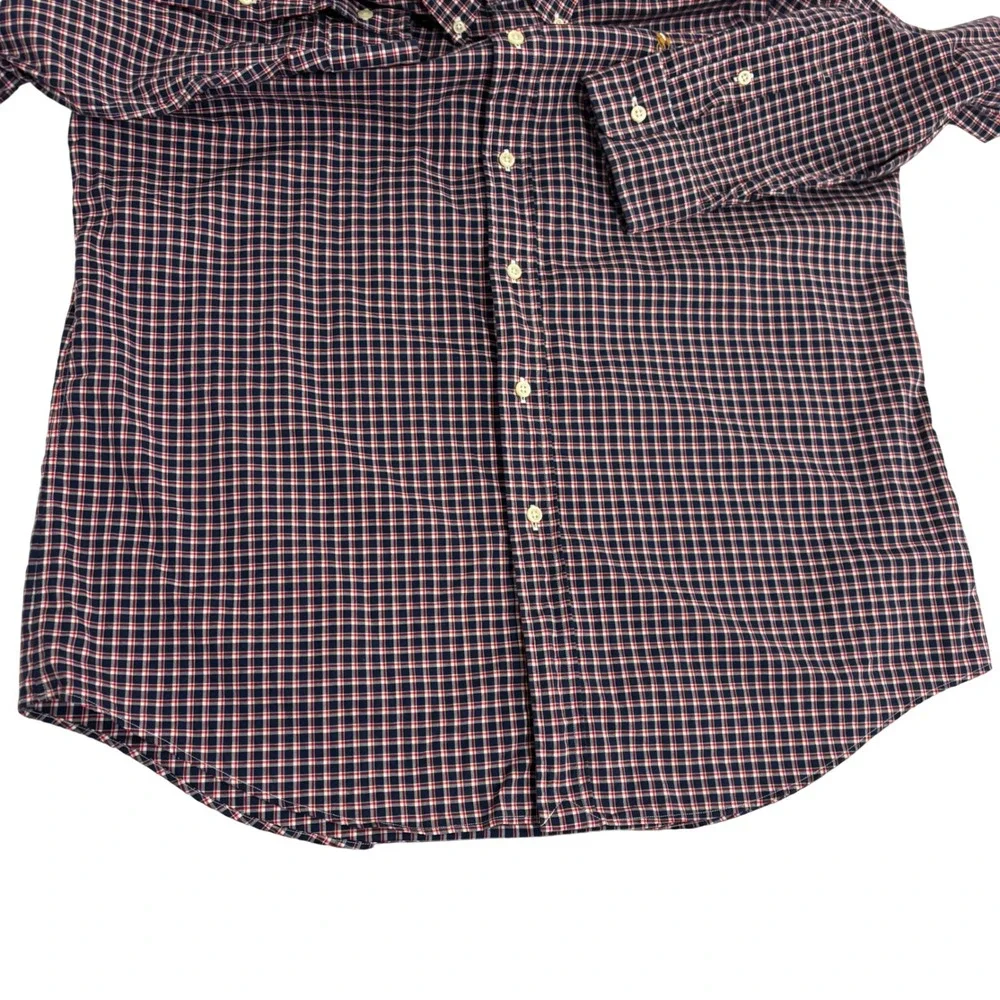 Ralph Lauren Button Down Shirt Mens L Navy Plaid Cotton Long Sleeve Brown Pony